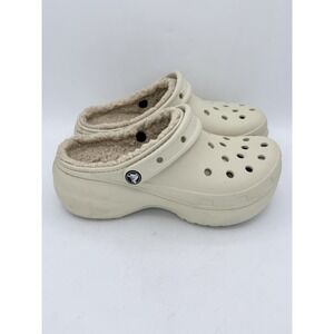 Crocs Classic Platform Lined Clog Women's Size 8 Bone Beige Fur Fuzzy Warm